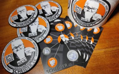SCHEIDER.cc Eigenwerbungsset – Sticker, Flyer, Buttons